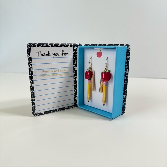 Betsey Johnson Jewelry - Betsey Johnson Back to School NotebkGold Tone Ruler Pencil W/Apple Earrings NIB